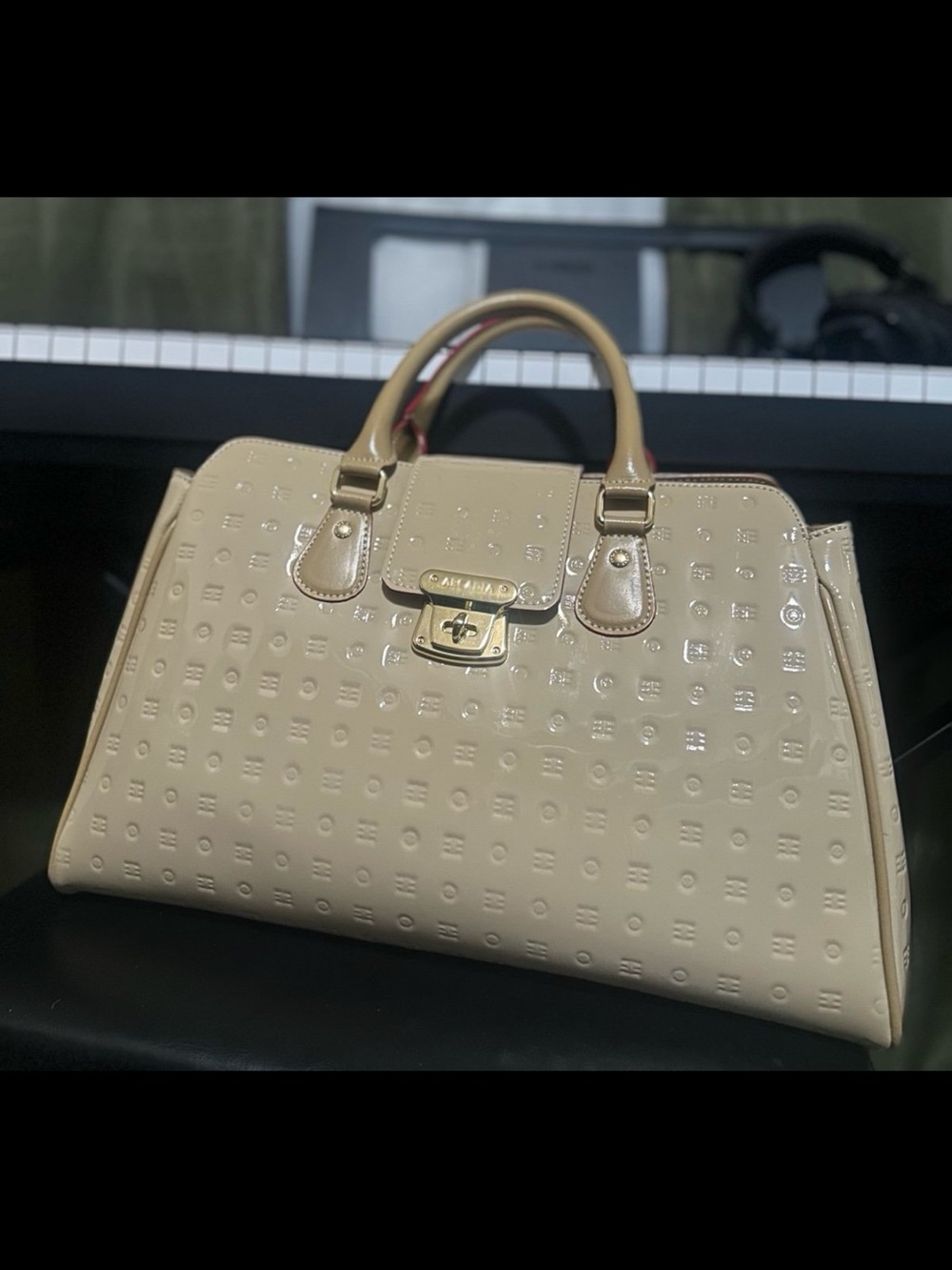 Arcadia cream tan trim large Patent Leather Satchel bag